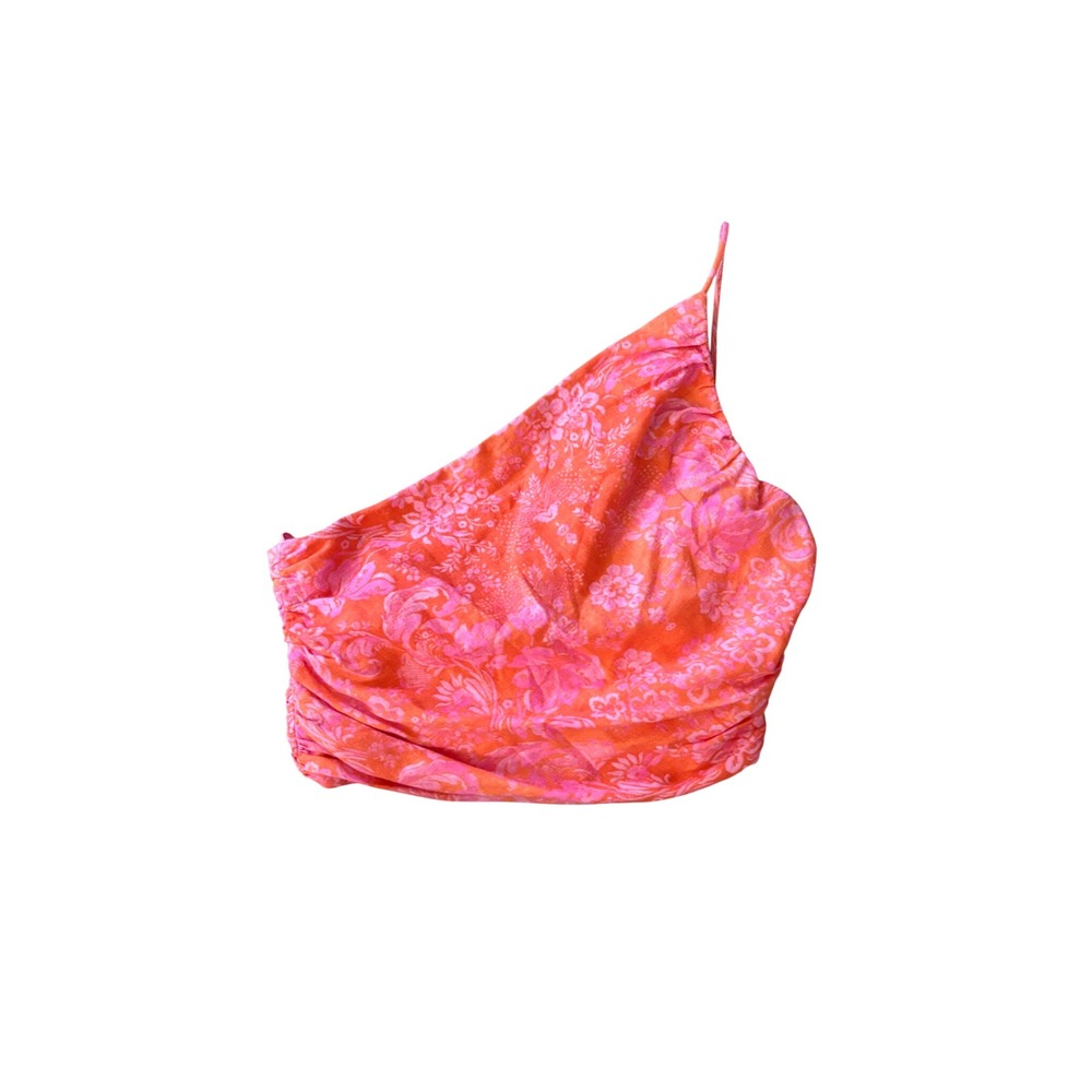 Zara Womens Pink Orange Floral Ruched One Shoulder Asymmetrical Crop Top XS